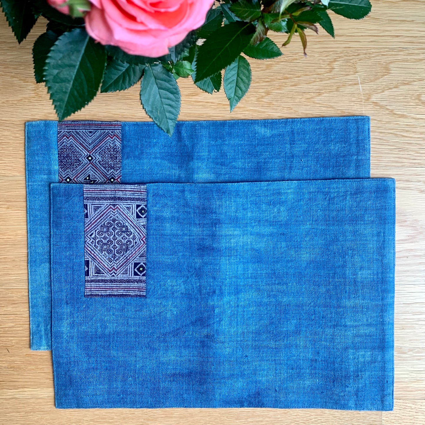 Uneven Indigo Blue hemp placemat, vintage batik indigo patch, hand-woven hemp fabrics