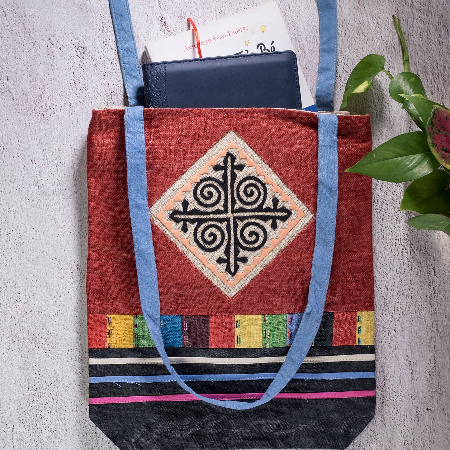 Tote bag, Handwoven Hemp, natural dye in Bordeaux Red, H'mong pattern