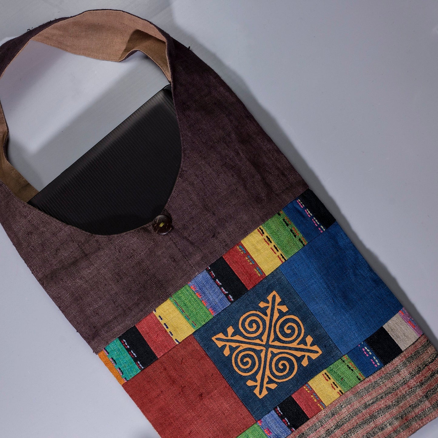 Shoulder bag in special design, Handwoven Hemp, natural dye in BROWN, H'mong pattern