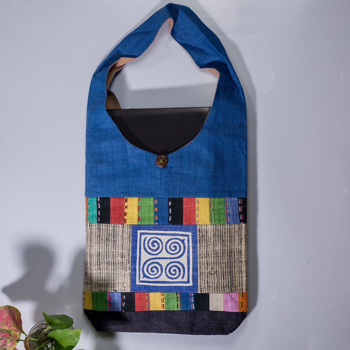 Shoulder bag special design, Handwoven Hemp, natural dye in LIGHT BLUE, H'mong pattern