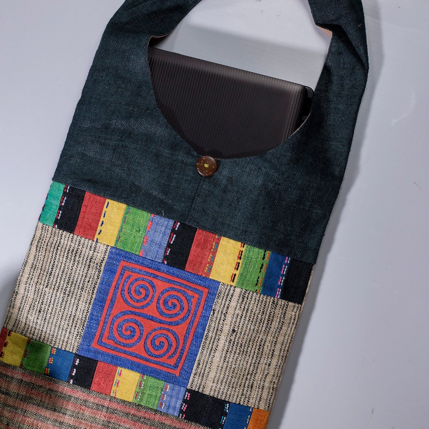 Shoulder bag in special design, Handwoven Hemp, natural dye in Turquoise BLUE, H'mong pattern