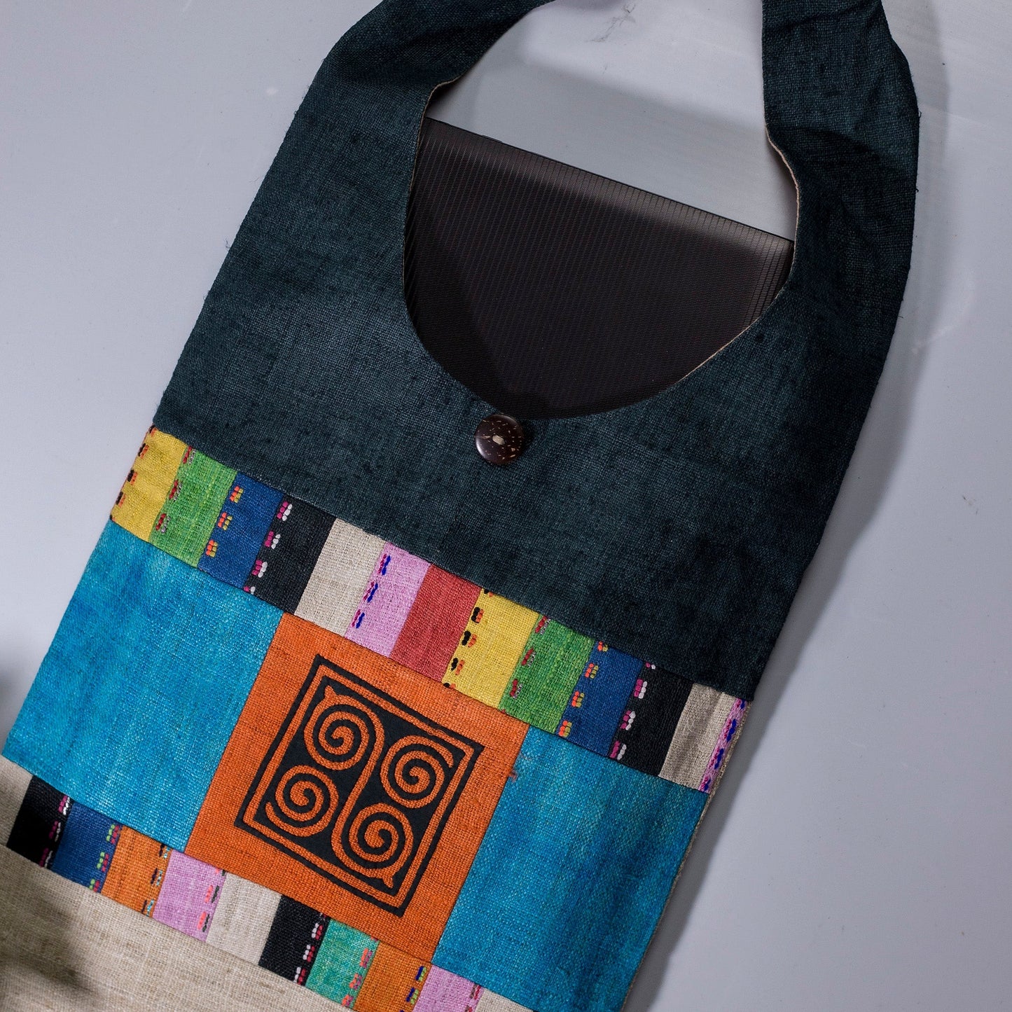 Shoulder bag in special design, Handwoven Hemp, natural dye in Turquoise BLUE, H'mong pattern