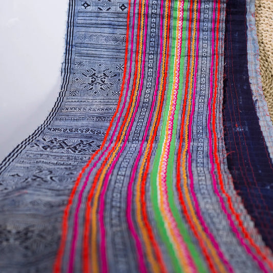 Vintage indigo rolls with pink and red stripes, block print patterns