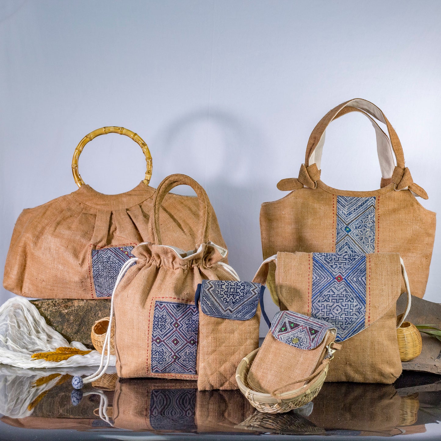 Brown drawstring hemp handbag, natural hemp and batik patch