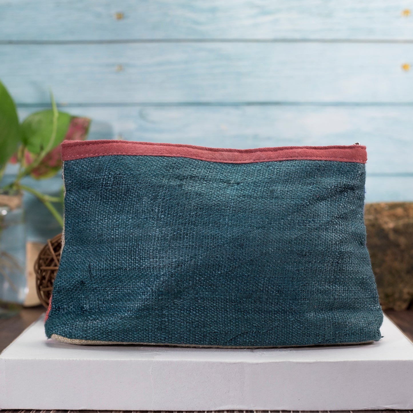 Raw Hemp, fabric stripes, small sized cosmetics bag