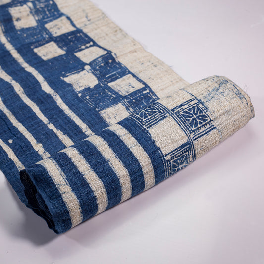 Handwoven hemp fabric, batik indigo color, H'mong pattern in blue and white