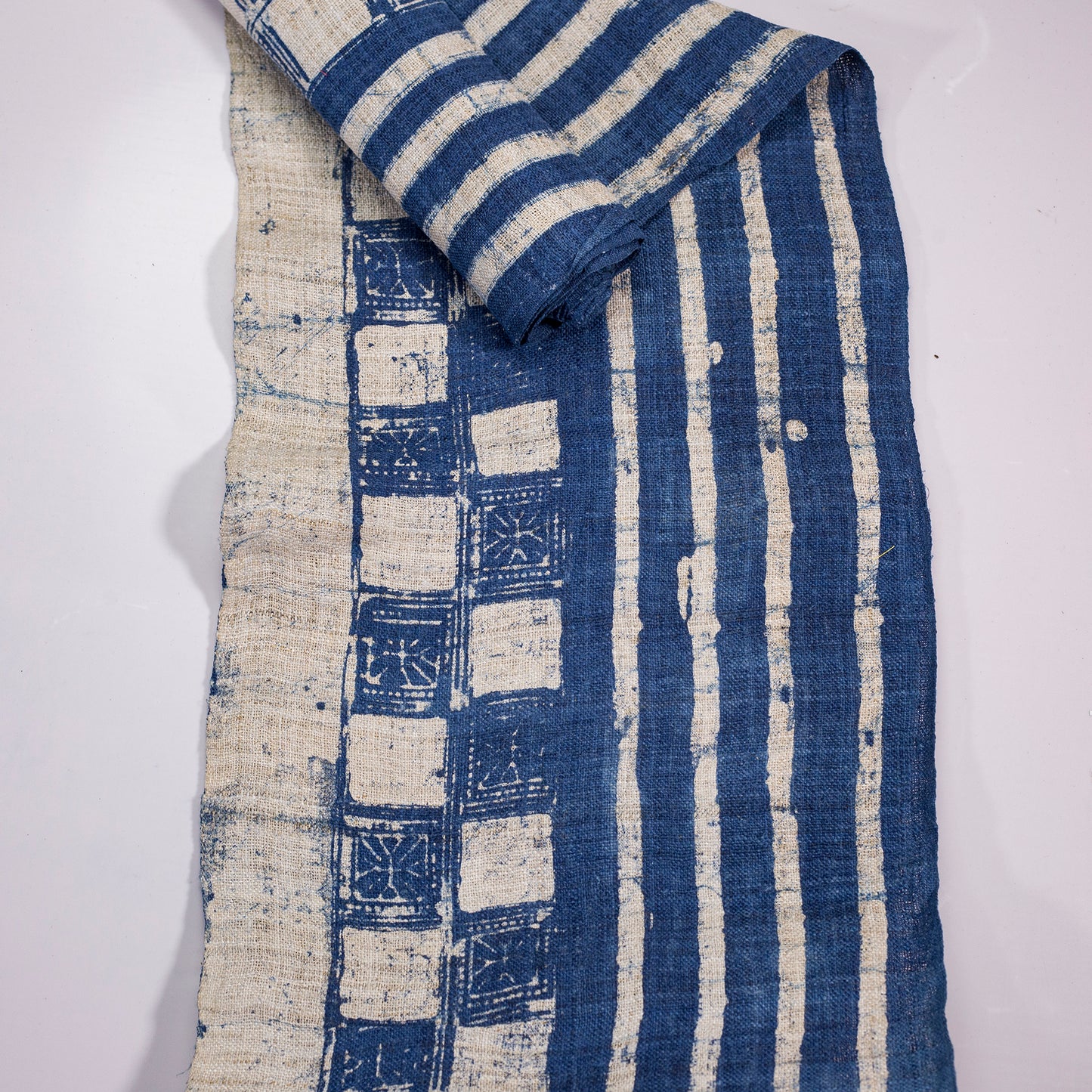 Handwoven hemp fabric, batik indigo color, H'mong pattern in blue and white