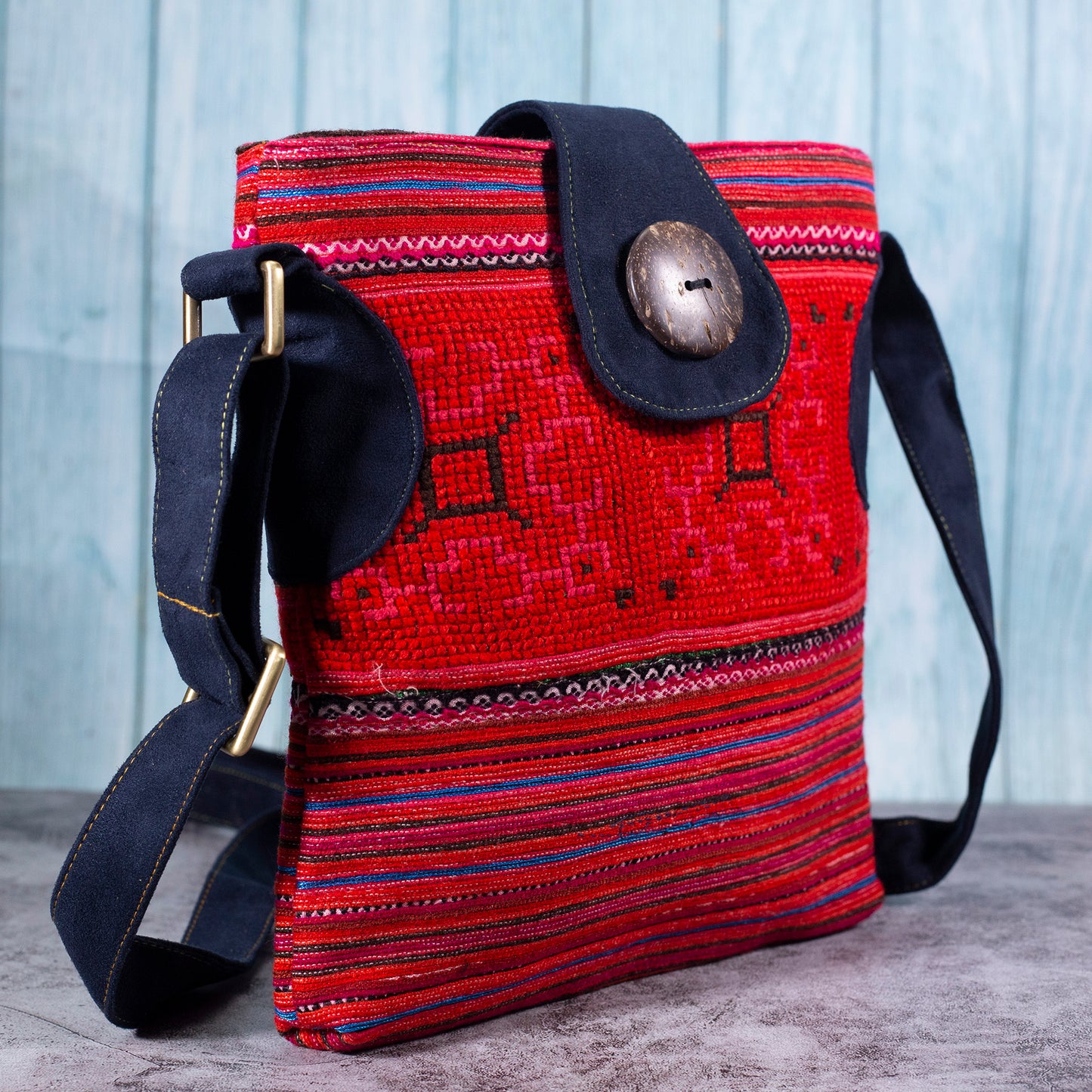 Red embroidery cross-body bag, faux leather straps, coconut button