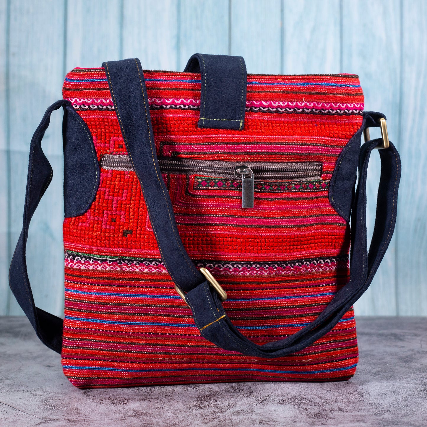 Red embroidery cross-body bag, faux leather straps, coconut button