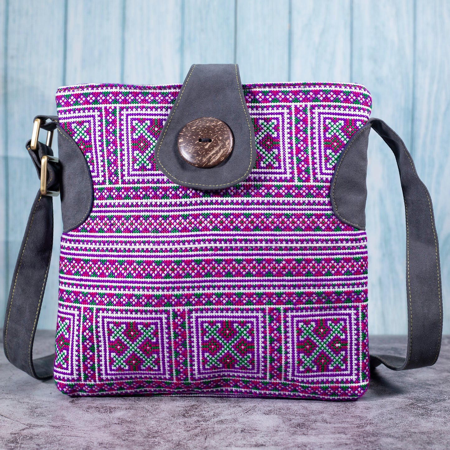 Purple embroidery cross-body bag, faux leather straps, coconut button