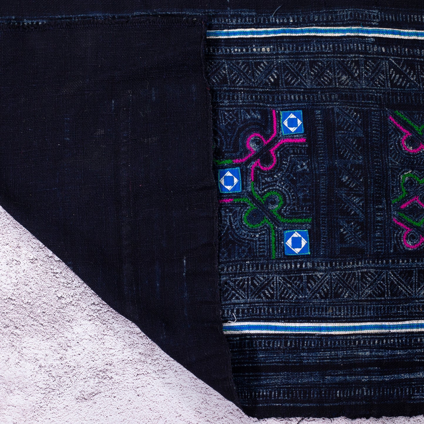 Authentic Vintage H'mong Hemp Textile – Indigo Batik with Hand-Drawn and Embroidered Details