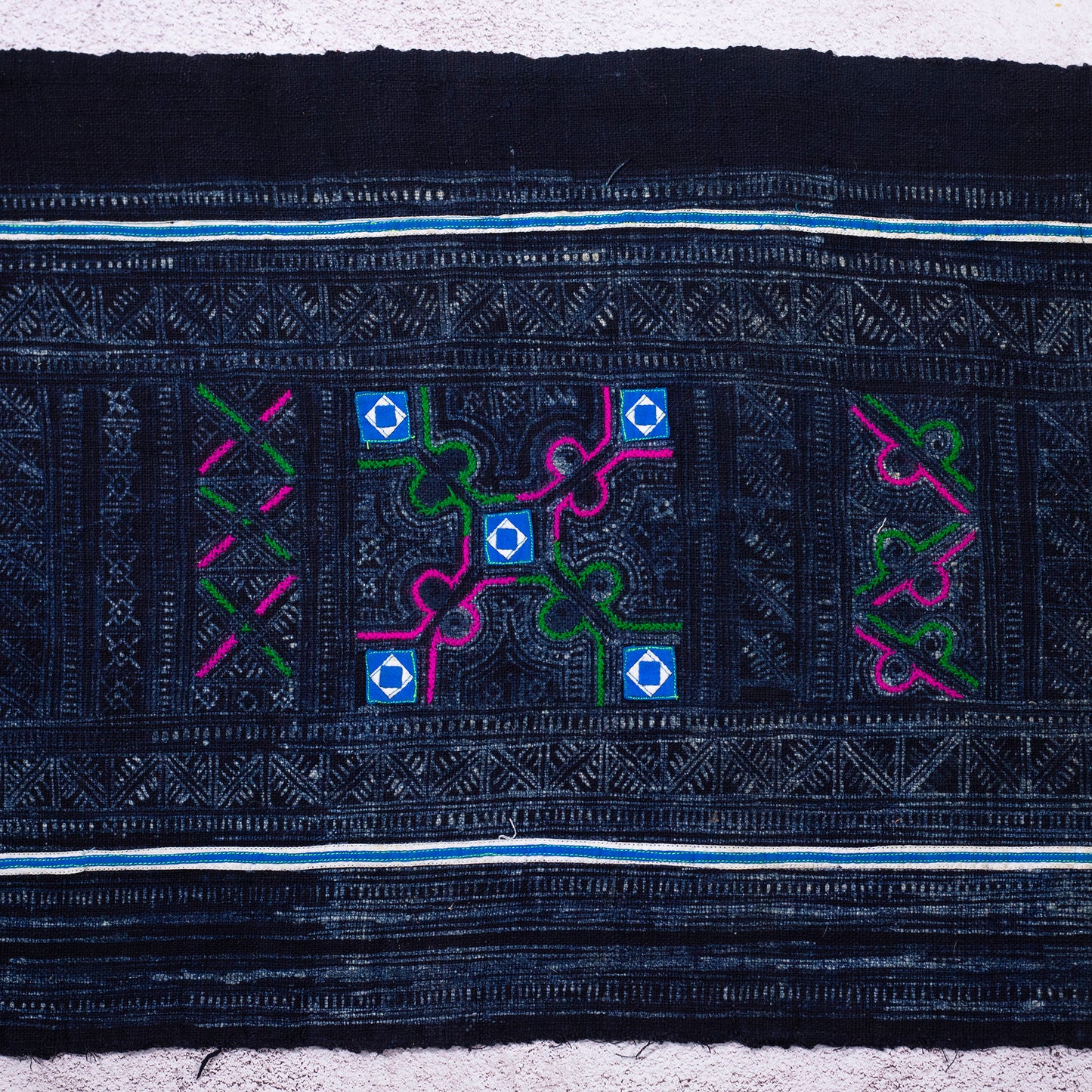 Authentic Vintage H'mong Hemp Textile – Indigo Batik with Hand-Drawn and Embroidered Details