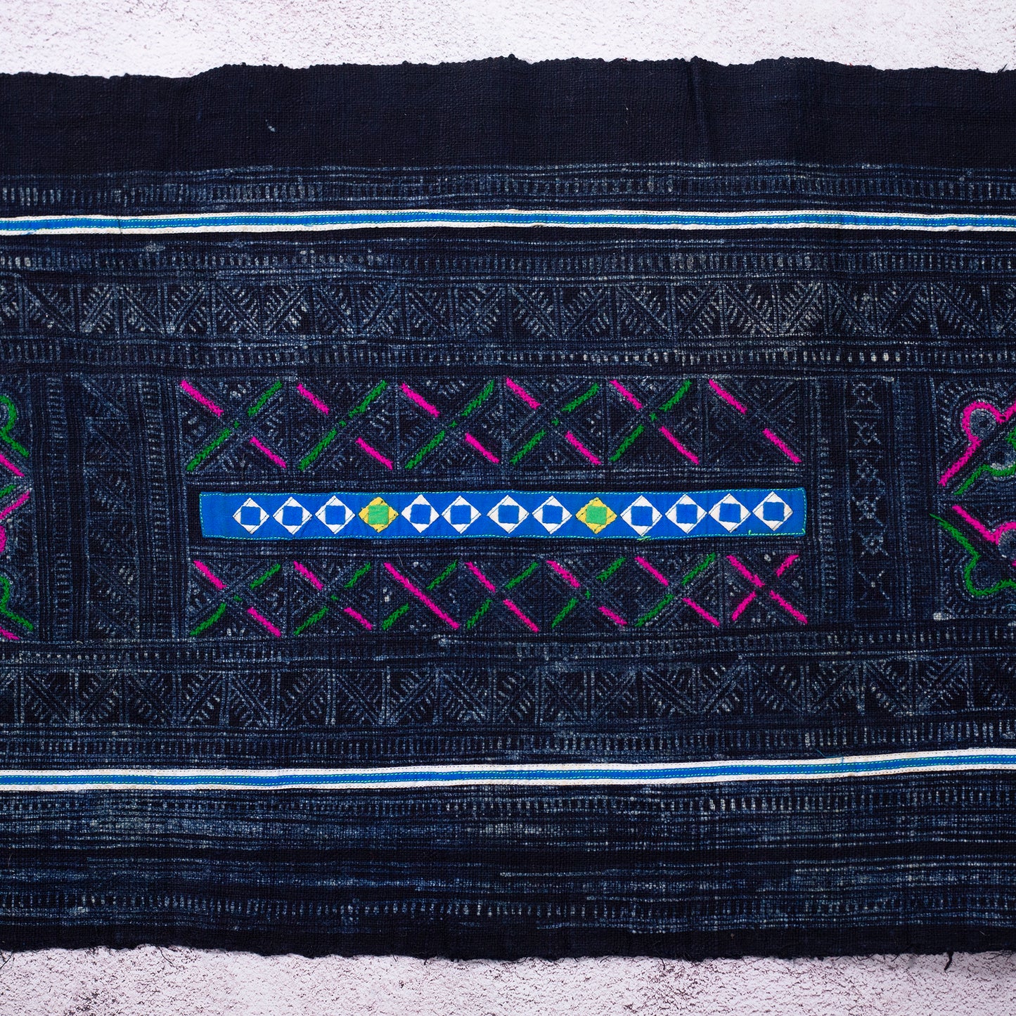 Authentic Vintage H'mong Hemp Textile – Indigo Batik with Hand-Drawn and Embroidered Details