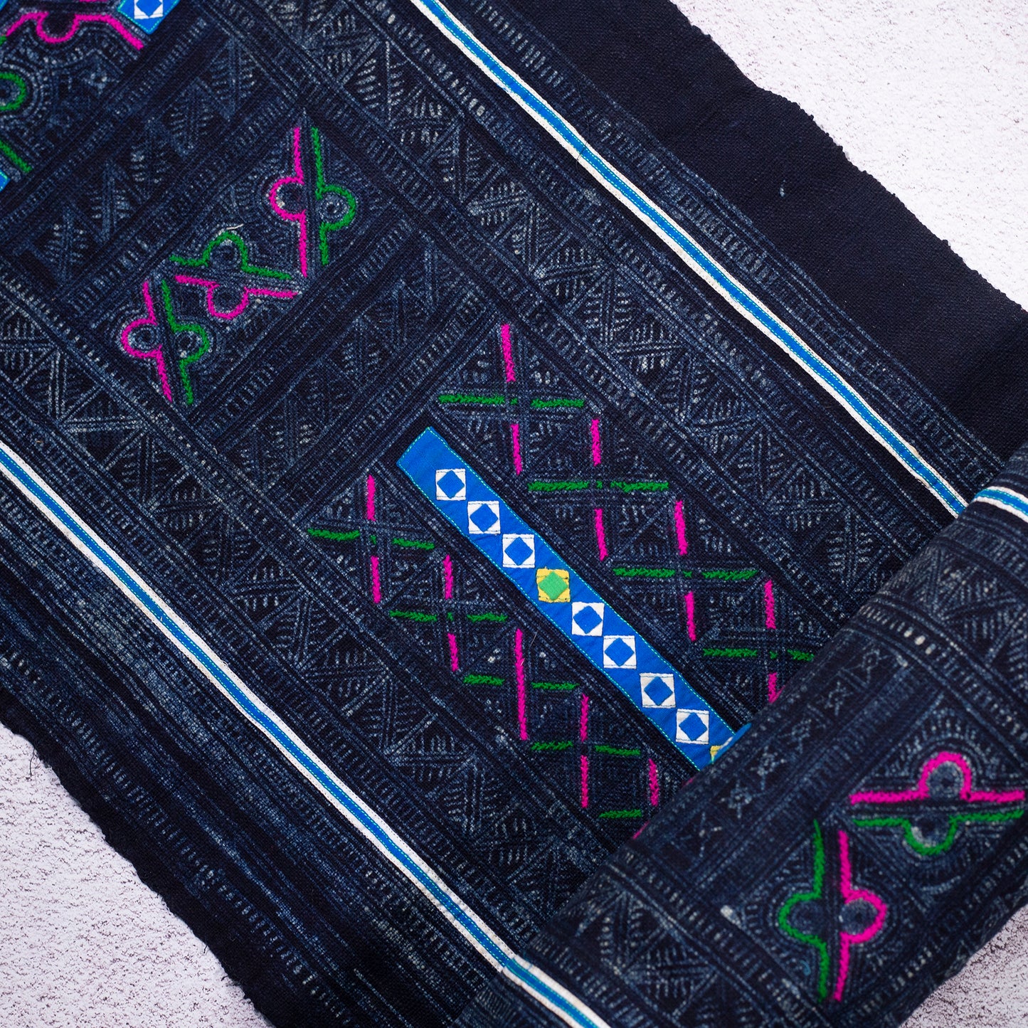 Authentic Vintage H'mong Hemp Textile – Indigo Batik with Hand-Drawn and Embroidered Details