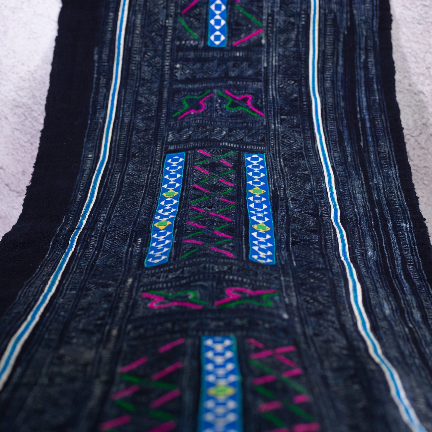 Authentic Vintage H'mong Hemp Textile – Indigo Batik with Hand-Drawn and Embroidered Details