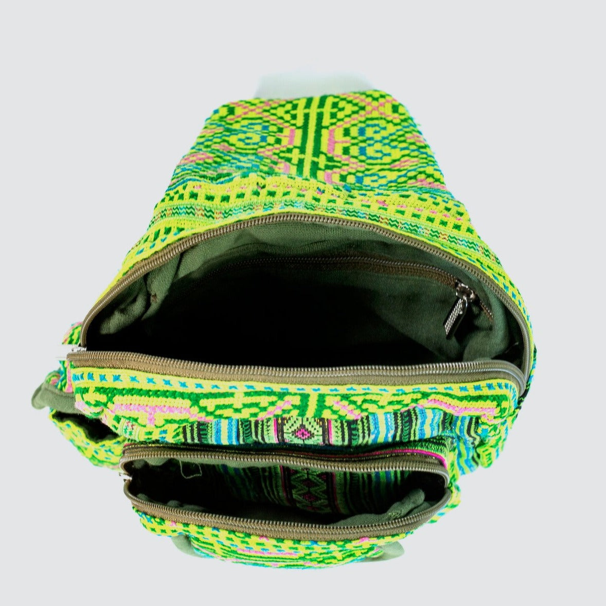 Boho-style linen, embroidery Sling bag, H'mong tribal pattern in Neon GREEN