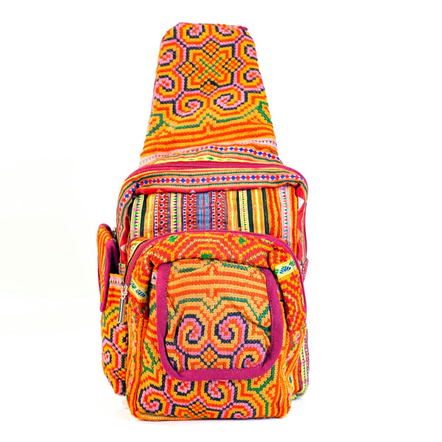 Boho-style linen, embroidery Sling bag, H'mong tribal pattern in ORANGE