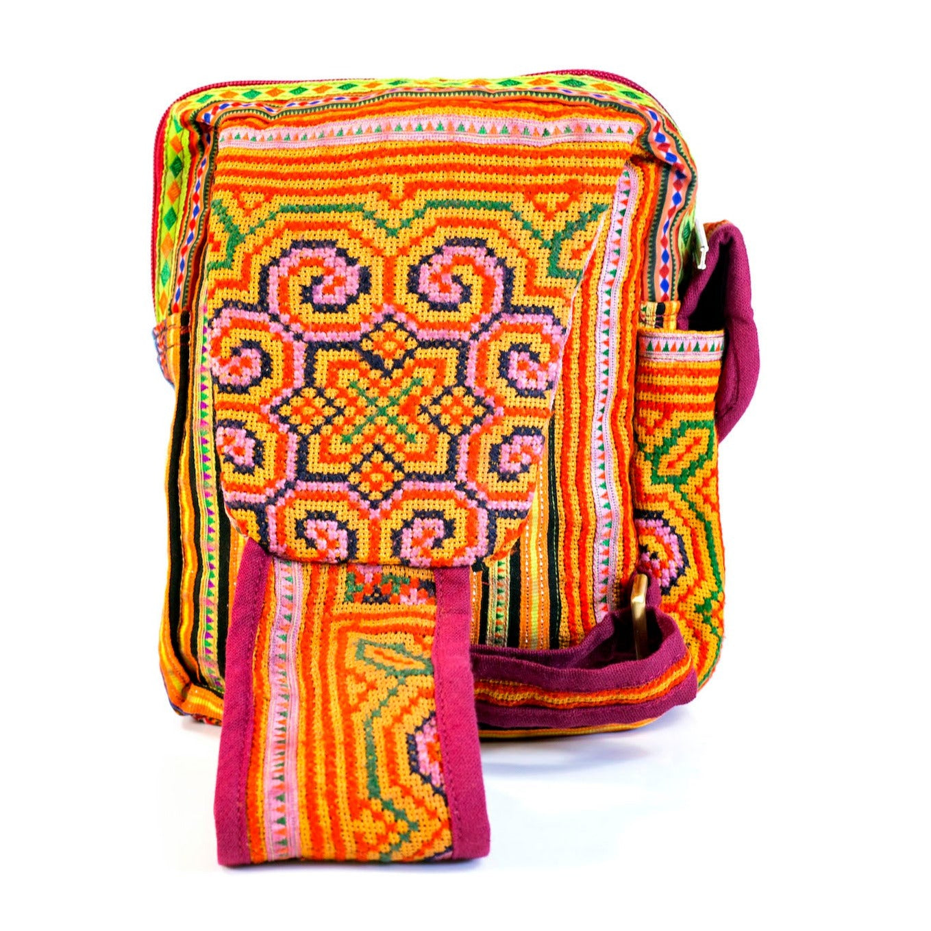 Boho-style linen, embroidery Sling bag, H'mong tribal pattern in ORANGE