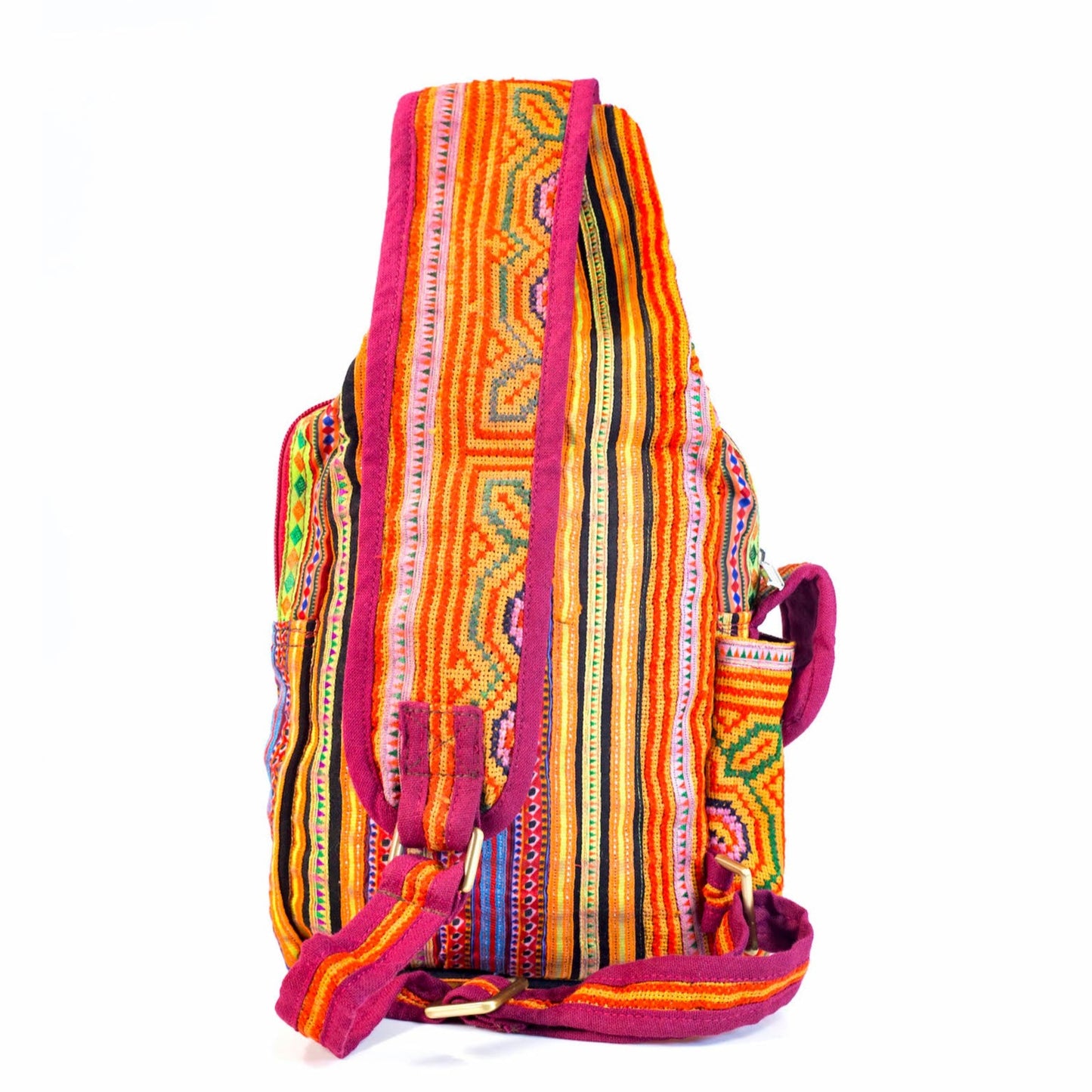 Boho-style linen, embroidery Sling bag, H'mong tribal pattern in ORANGE