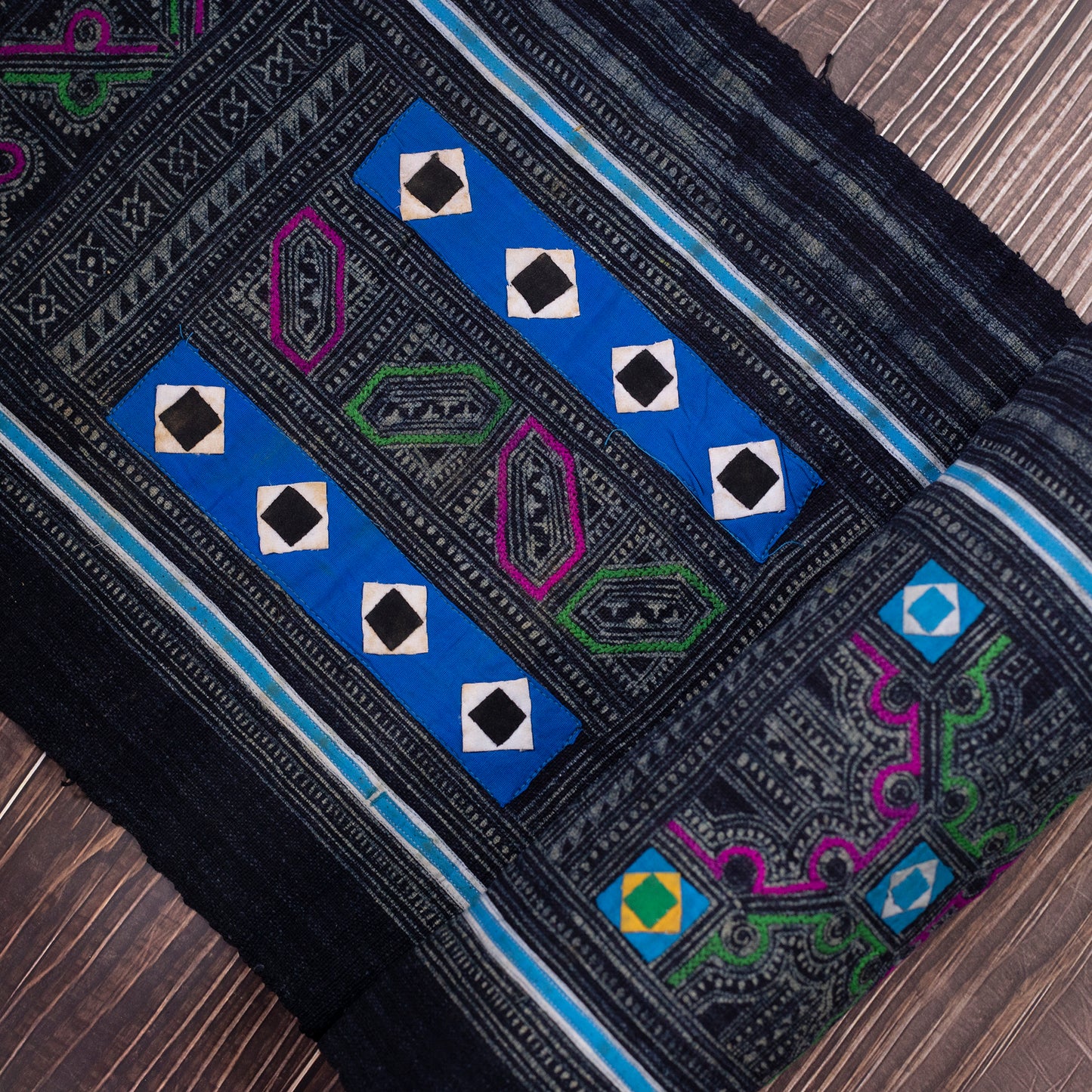 Authentic Vintage H'mong Hemp Textile – Indigo Batik with Hand-Drawn and Embroidered Details