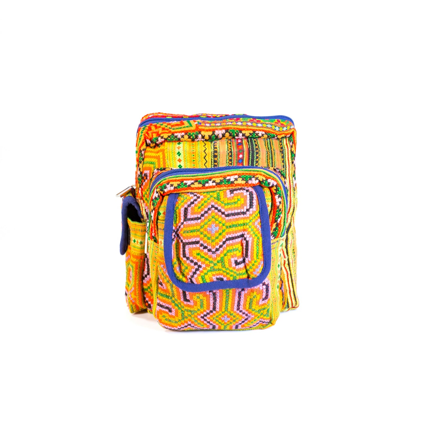 Boho-style linen, embroidery Sling bag, H'mong tribal pattern in ORANGE silk thread and blue rim