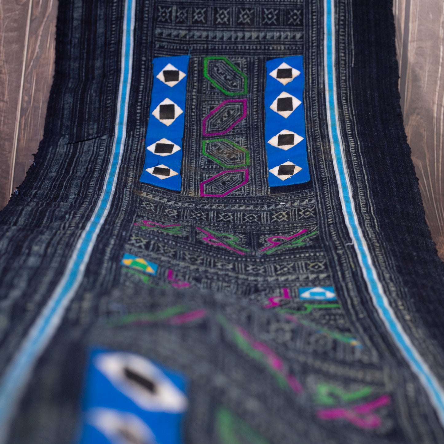 Authentic Vintage H'mong Hemp Textile – Indigo Batik with Hand-Drawn and Embroidered Details