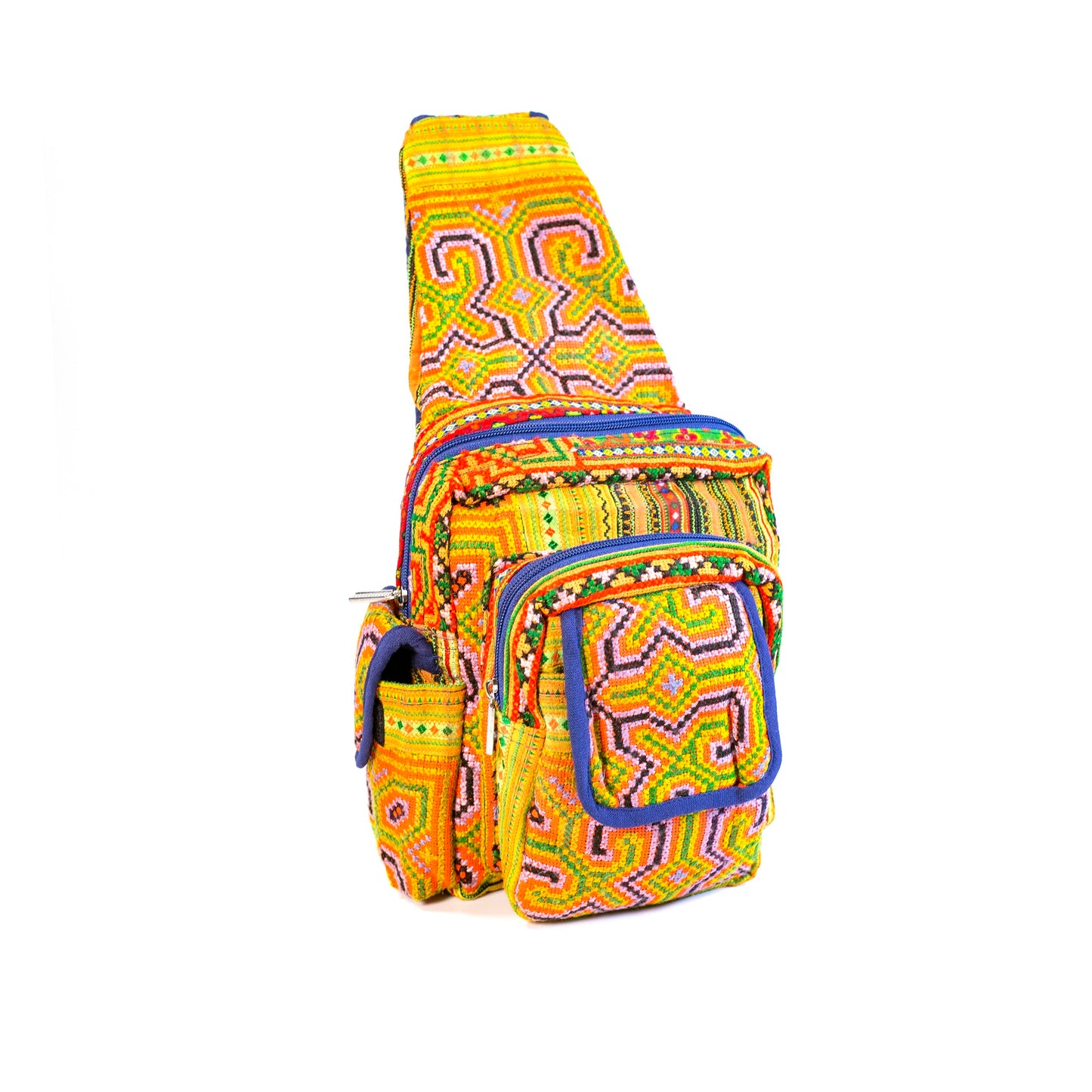 Boho-style linen, embroidery Sling bag, H'mong tribal pattern in ORANGE silk thread and blue rim