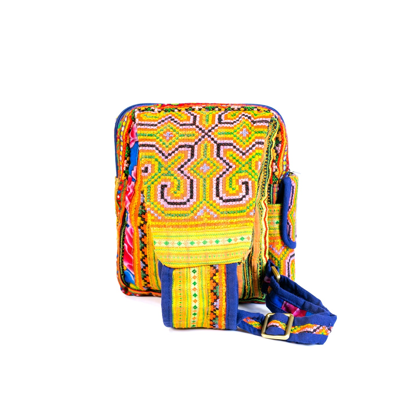 Boho-style linen, embroidery Sling bag, H'mong tribal pattern in ORANGE silk thread and blue rim