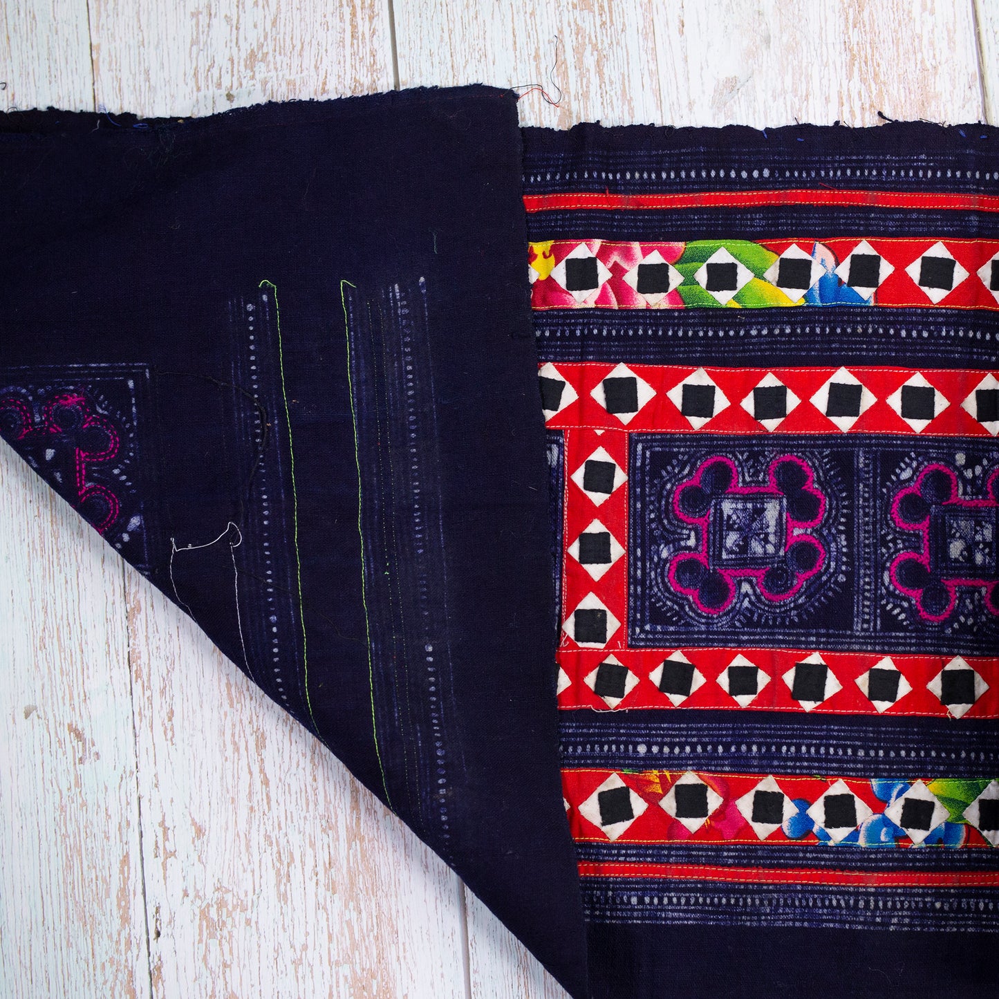 Authentic Vintage H'mong Hemp Textile – Indigo Batik with Hand-Drawn and Embroidered Details