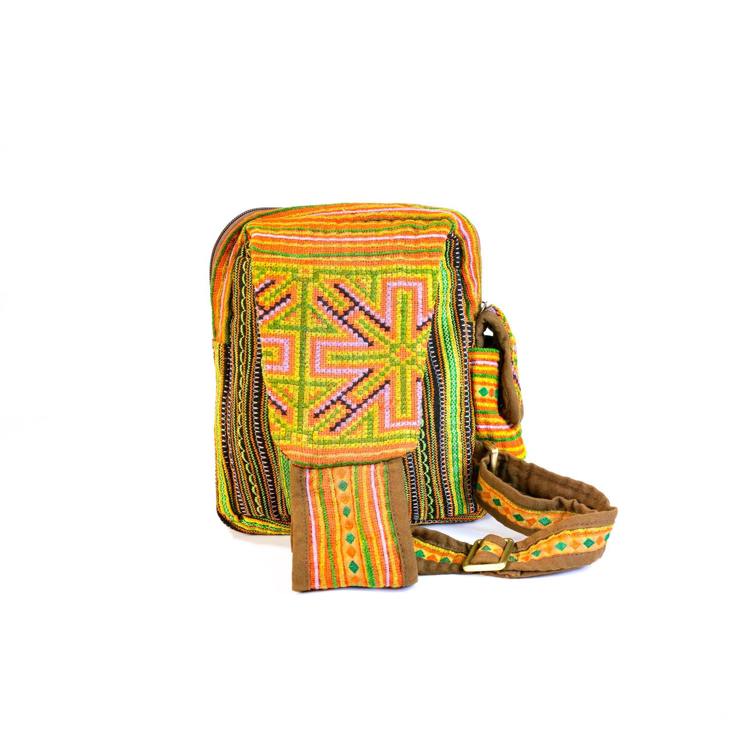 Boho-style linen, embroidery Sling bag, H'mong tribal pattern in ORANGE silk thread and brown rim