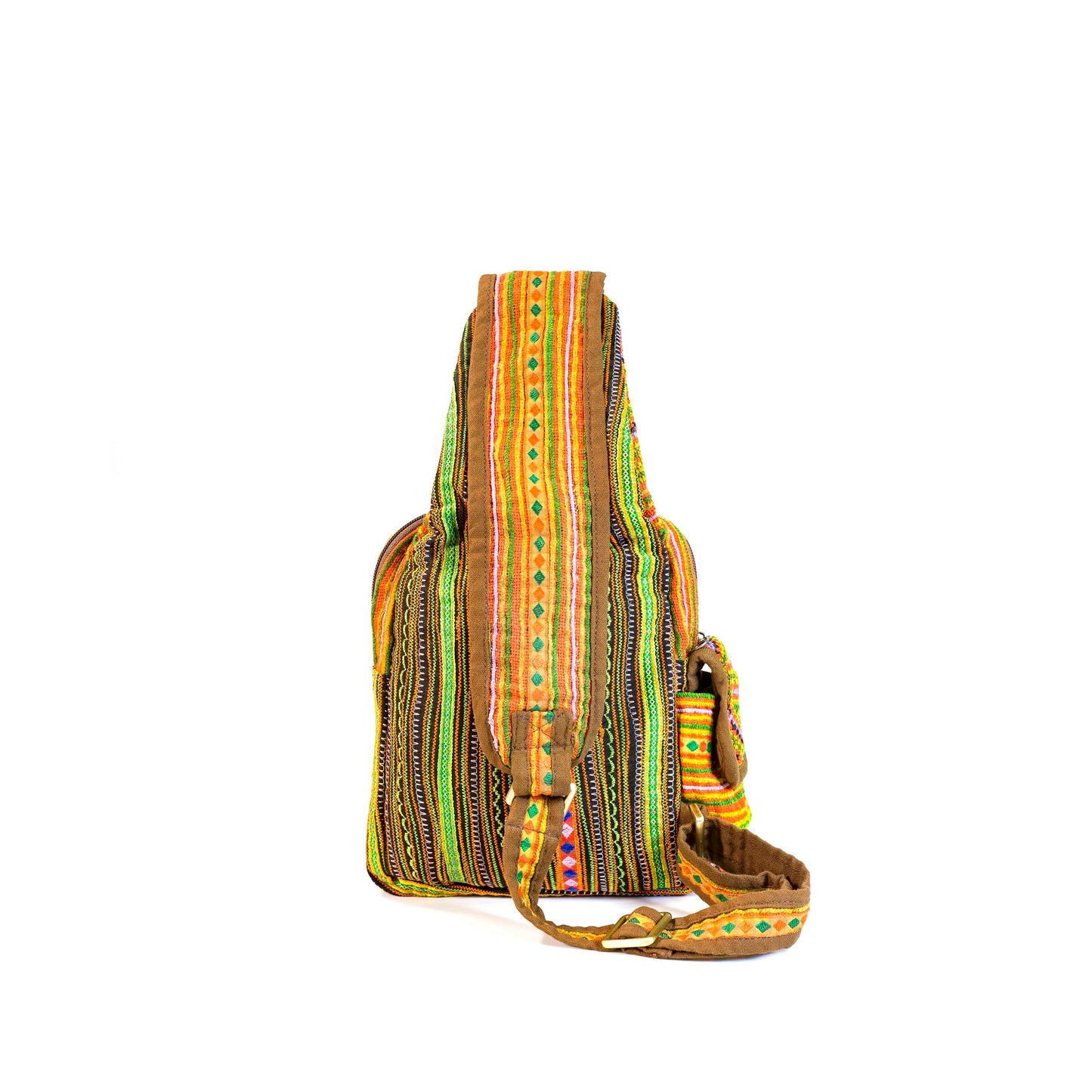 Boho-style linen, embroidery Sling bag, H'mong tribal pattern in ORANGE silk thread and brown rim