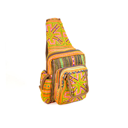 Boho-style linen, embroidery Sling bag, H'mong tribal pattern in ORANGE silk thread and brown rim