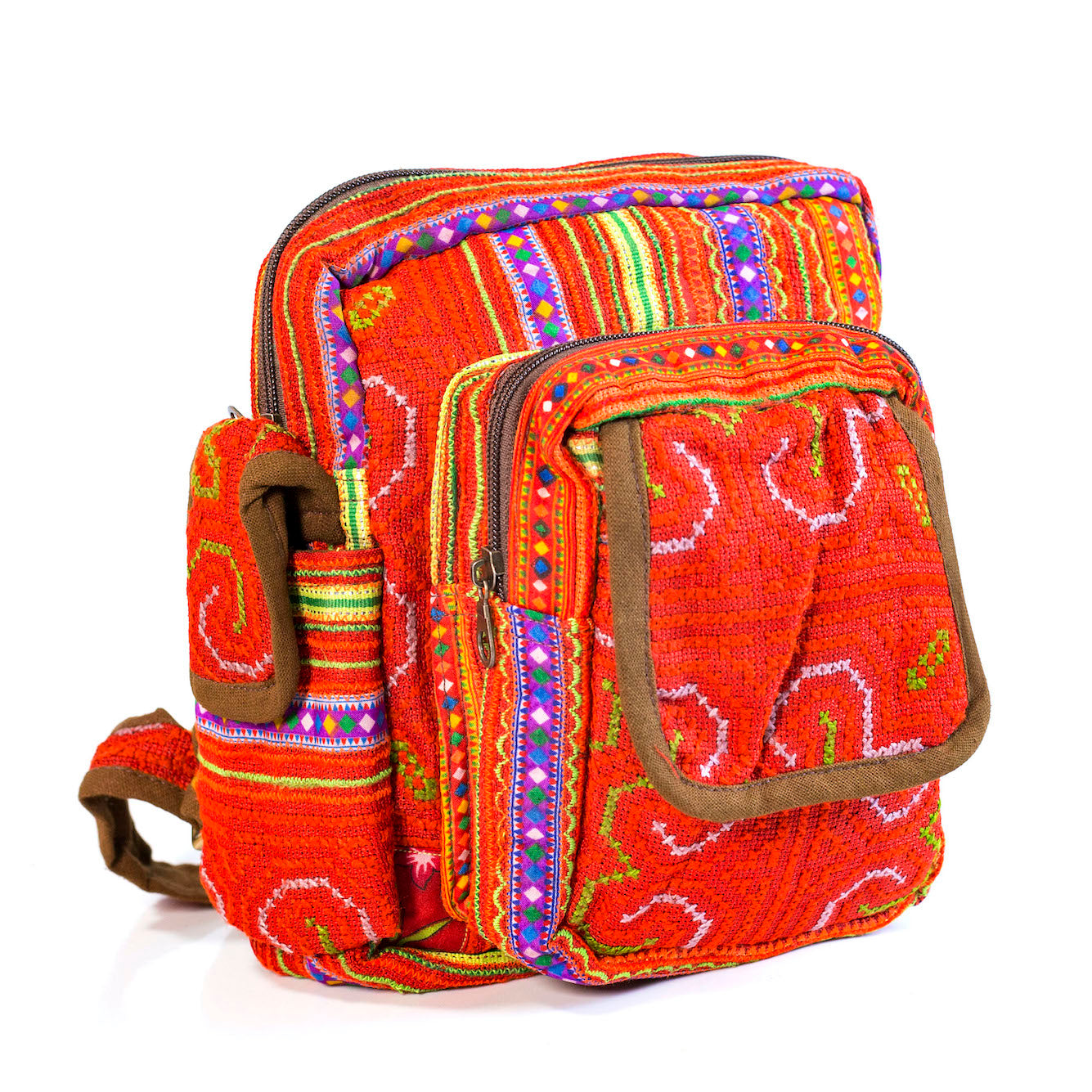 Boho-style linen, embroidery Sling bag, H'mong tribal pattern in RED silk thread