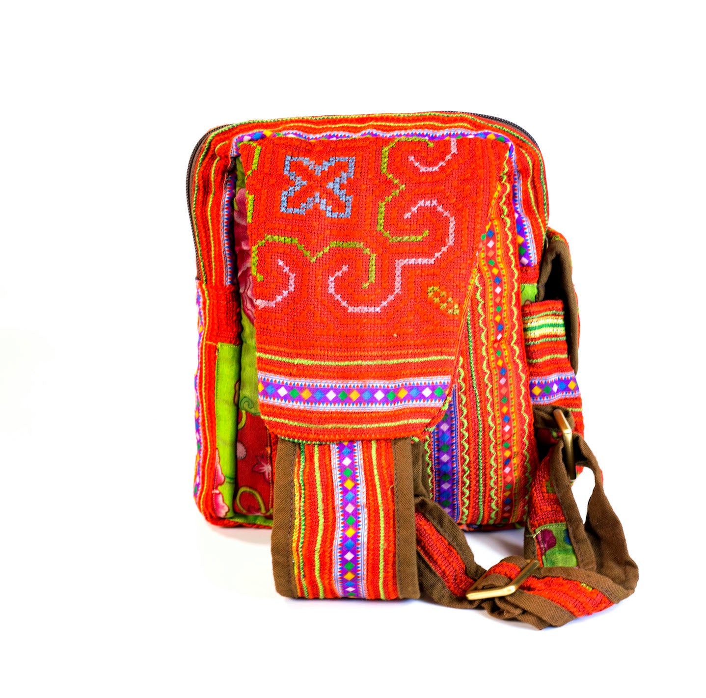 Boho-style linen, embroidery Sling bag, H'mong tribal pattern in RED silk thread