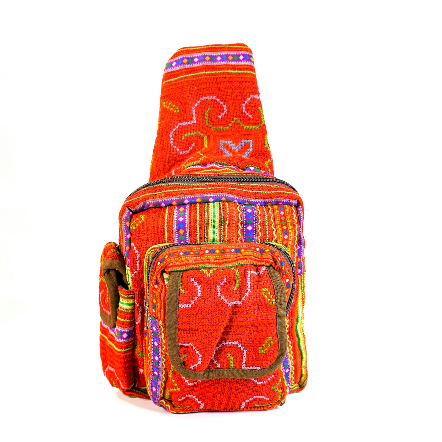 Boho-style linen, embroidery Sling bag, H'mong tribal pattern in RED silk thread