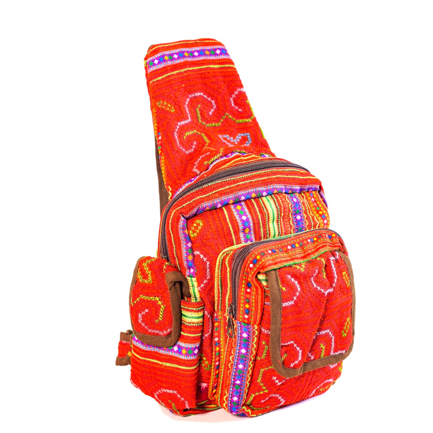 Boho-style linen, embroidery Sling bag, H'mong tribal pattern in RED silk thread