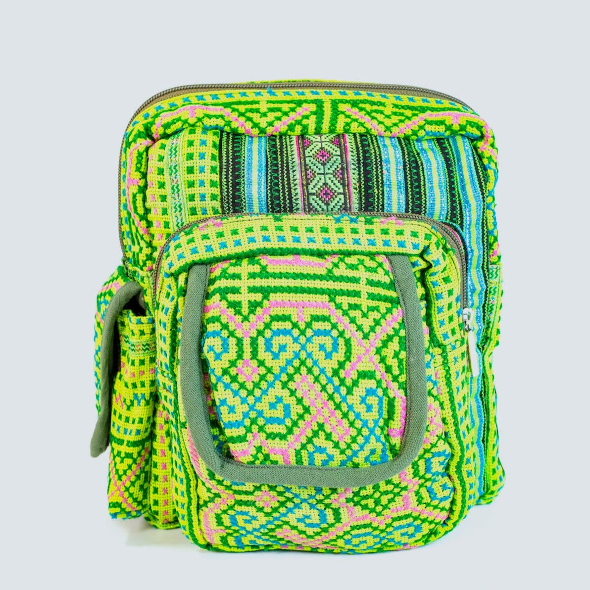 Boho-style linen, embroidery Sling bag, H'mong tribal pattern in Neon GREEN