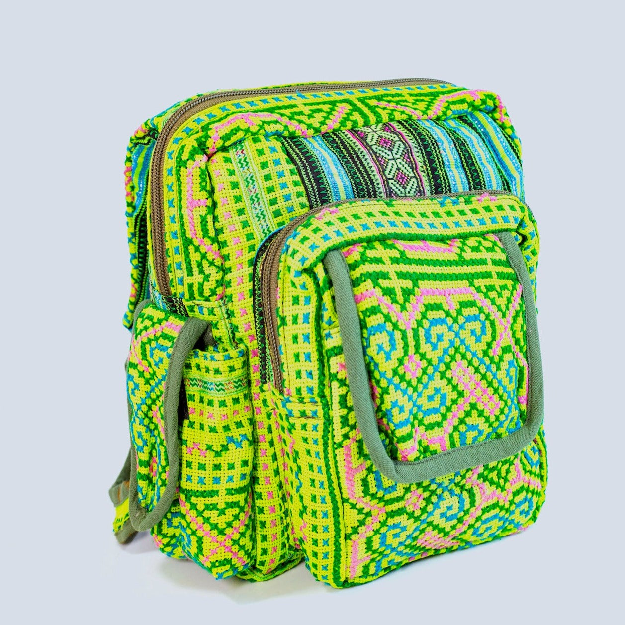 Boho-style linen, embroidery Sling bag, H'mong tribal pattern in Neon GREEN