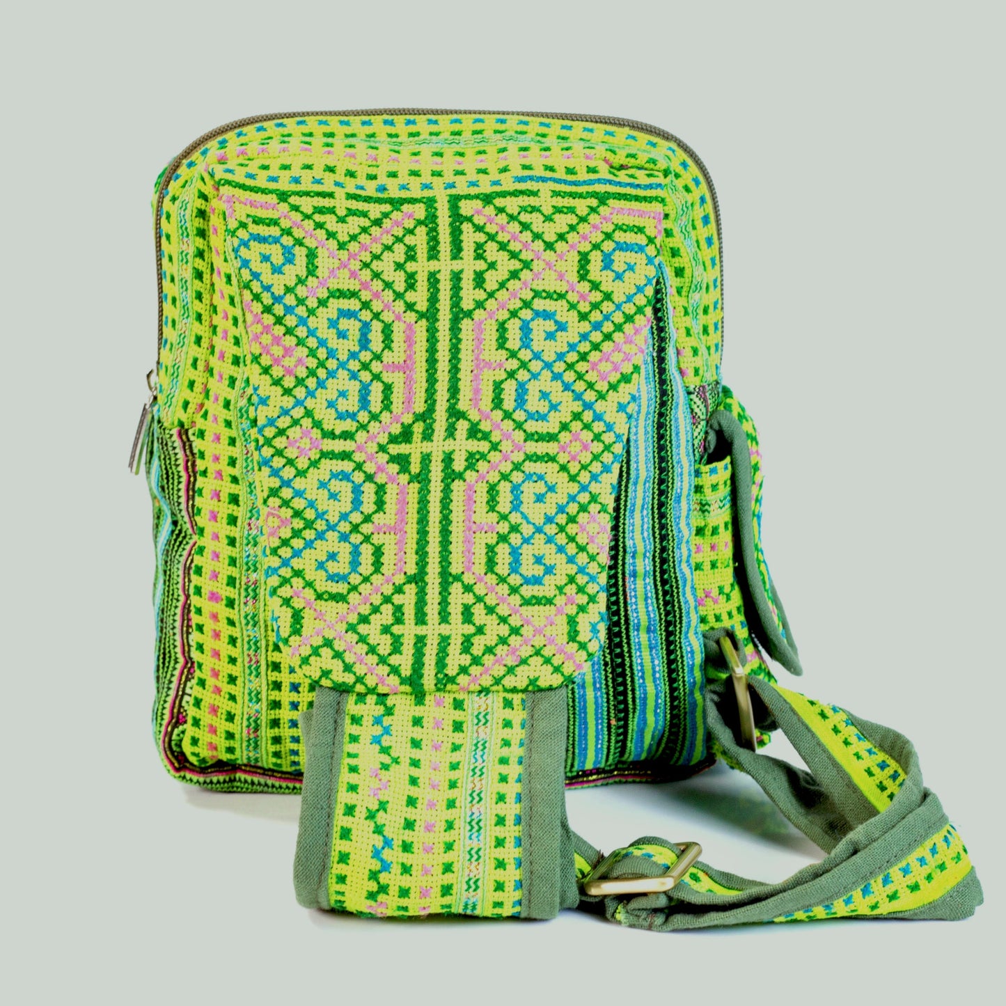 Boho-style linen, embroidery Sling bag, H'mong tribal pattern in Neon GREEN