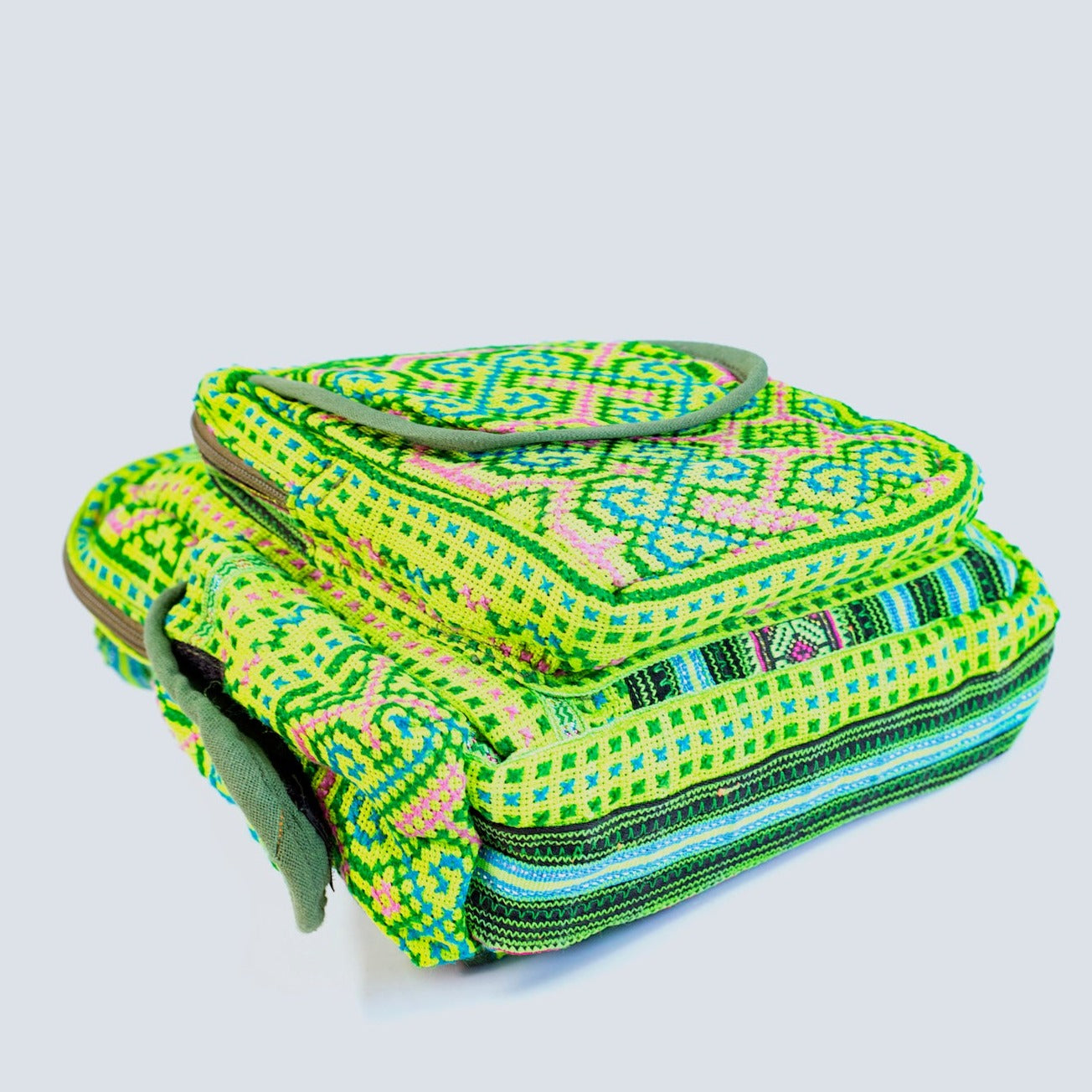 Boho-style linen, embroidery Sling bag, H'mong tribal pattern in Neon GREEN