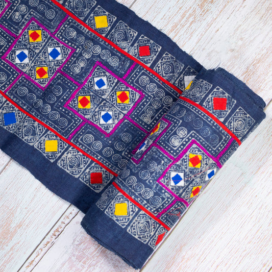 Authentic Vintage H'mong Hemp Textile – Indigo Batik with Hand-Drawn and Embroidered Details