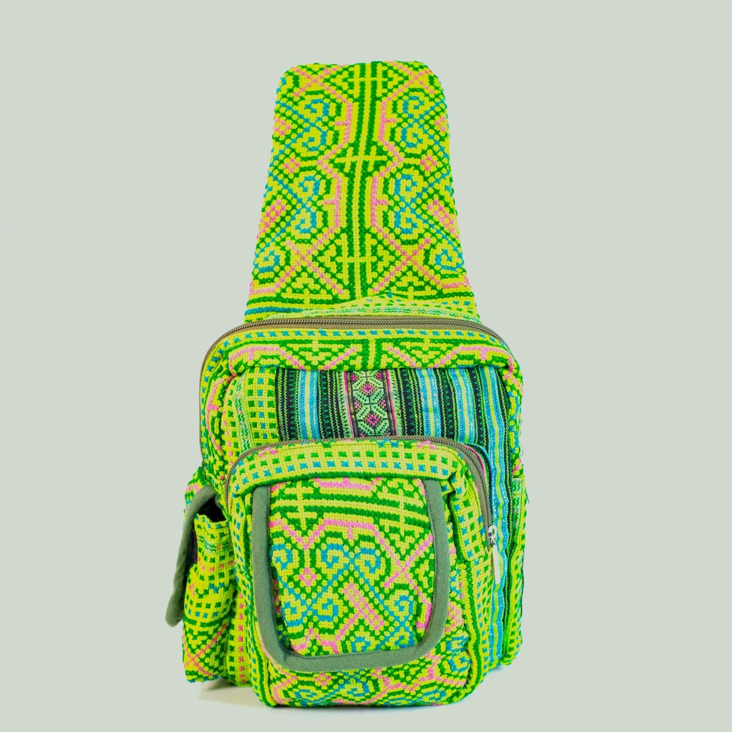 Boho-style linen, embroidery Sling bag, H'mong tribal pattern in Neon GREEN