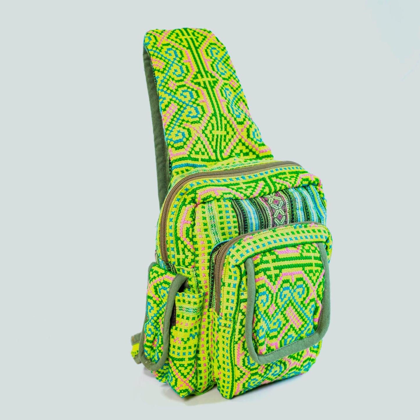 Boho-style linen, embroidery Sling bag, H'mong tribal pattern in Neon GREEN