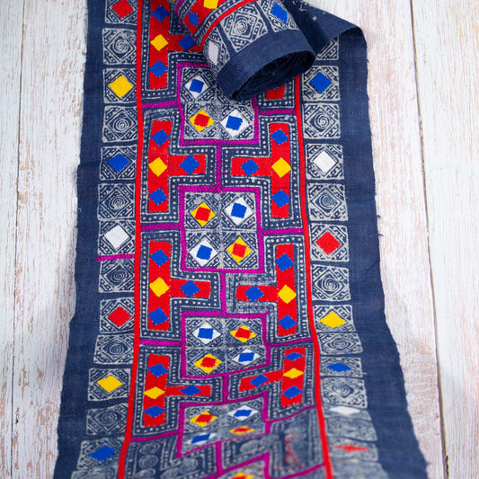 Authentic Vintage H'mong Hemp Textile – Indigo Batik with Hand-Drawn and Embroidered Details