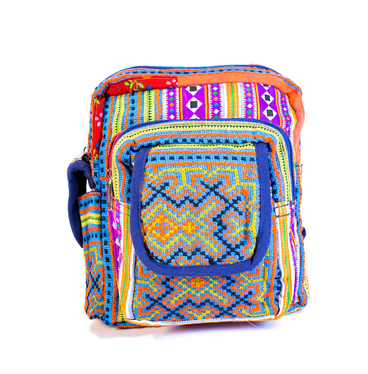 Boho-style linen, embroidery Sling bag, H'mong tribal pattern in PURPLE silk thread