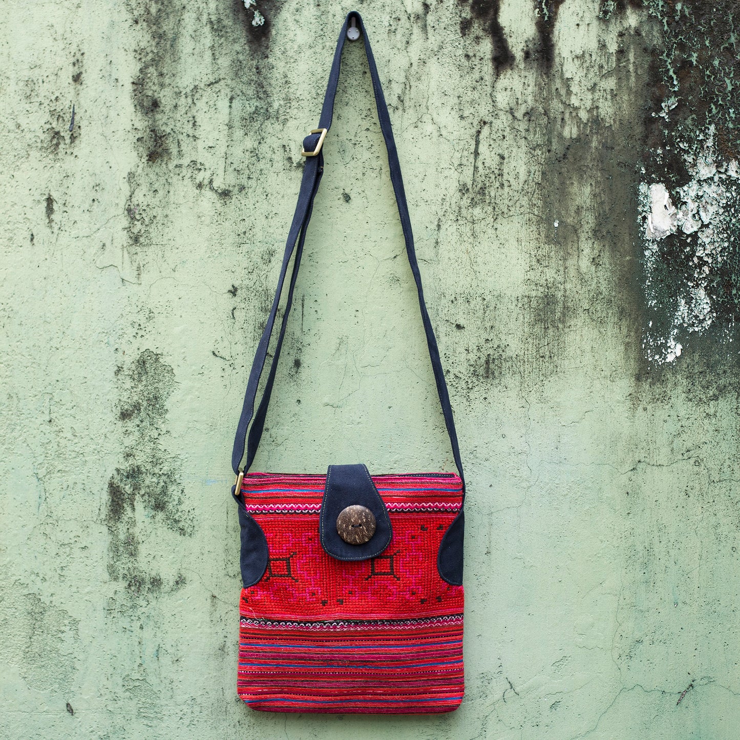 Red embroidery cross-body bag, faux leather straps, coconut button