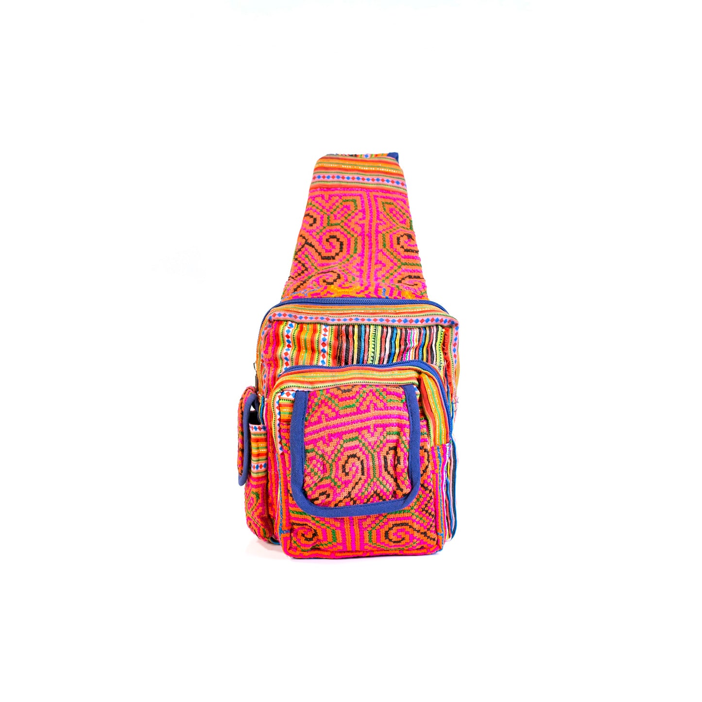 Boho-style linen, embroidery Sling bag, H'mong tribal pattern in PINK silk thread