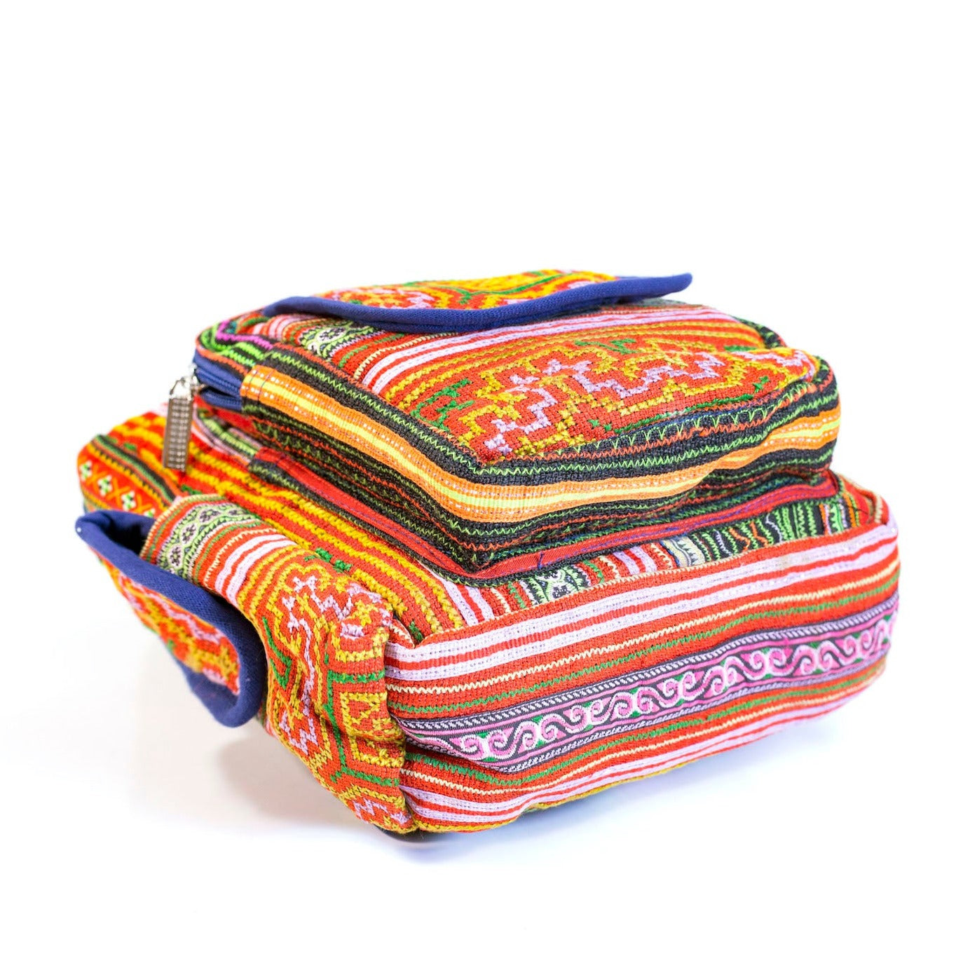 Boho-style linen, embroidery Sling bag, H'mong tribal pattern in ORANGE with blue trim