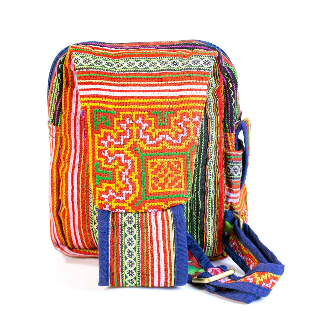 Boho-style linen, embroidery Sling bag, H'mong tribal pattern in ORANGE with blue trim