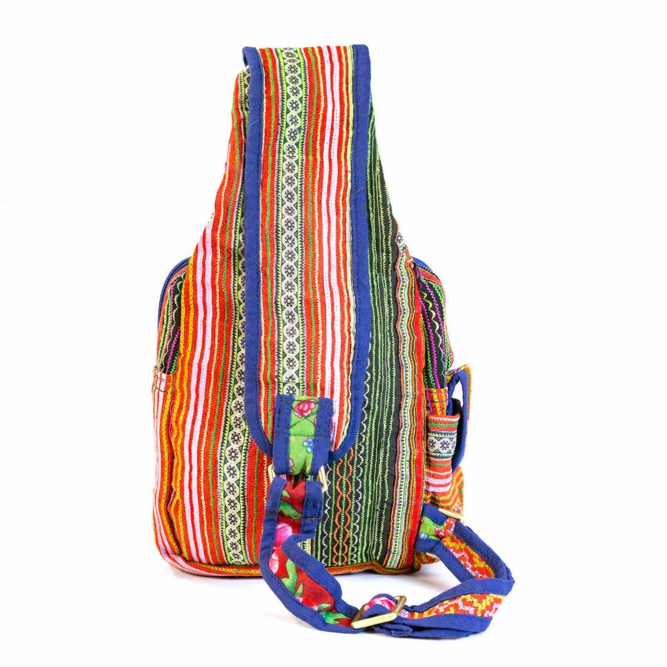 Boho-style linen, embroidery Sling bag, H'mong tribal pattern in ORANGE with blue trim